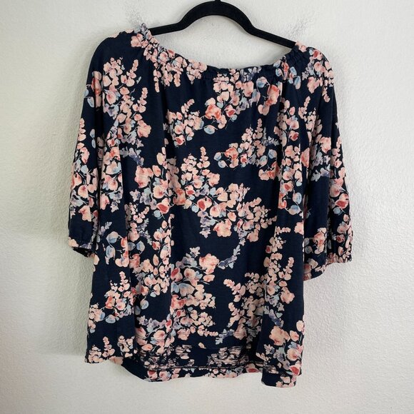 J Jill Womens XL Petite Navy Floral Off Shoulder Top 3/4 Sleeve Blouse Shirt - Picture 8 of 9